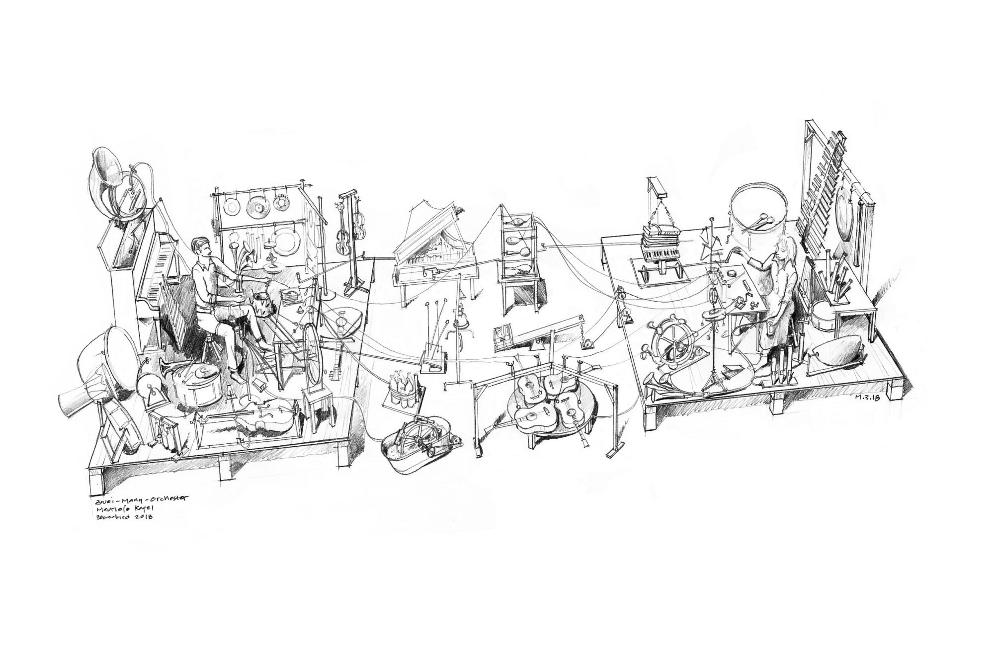 Drawing of the Zwei Mann Orchester: Philadelphia Edition machine by Mick Ricereto