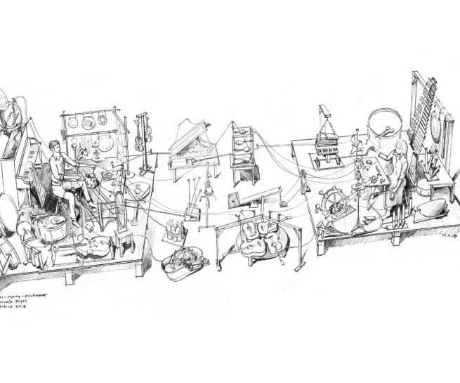 Drawing of the Zwei Mann Orchester: Philadelphia Edition machine by Mick Ricereto