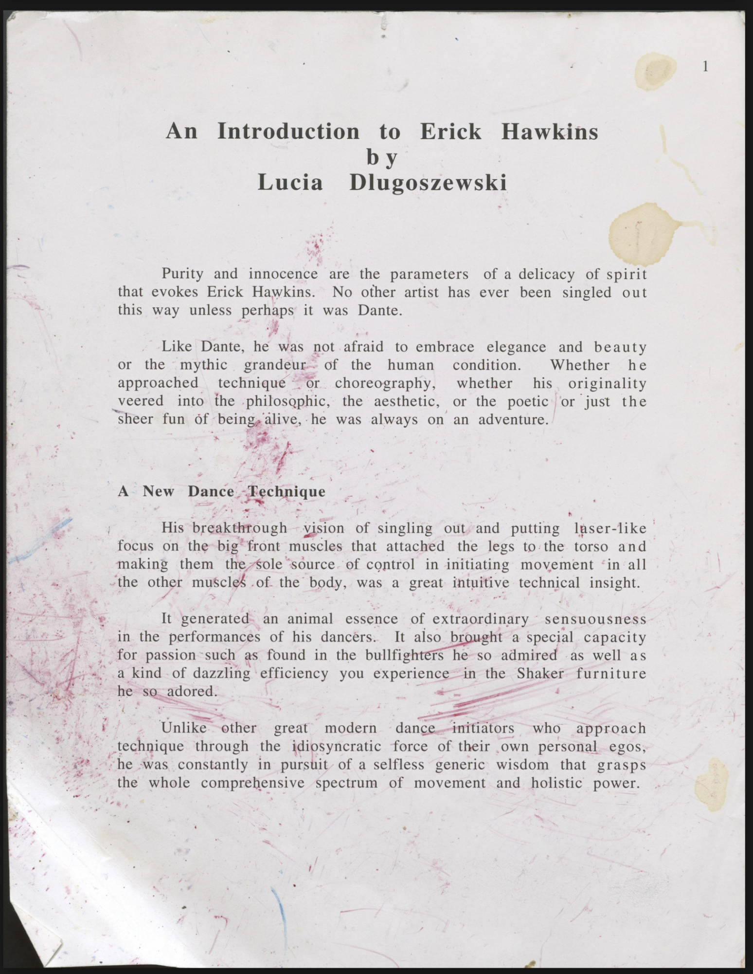 First page of a lengthy essay by Lucia Dlugoszewski introducing Erick Hawkins, discussing his artistic philosophy and innovative approach to dance technique. From the Erick Hawkins and Lucia Dlugoszew