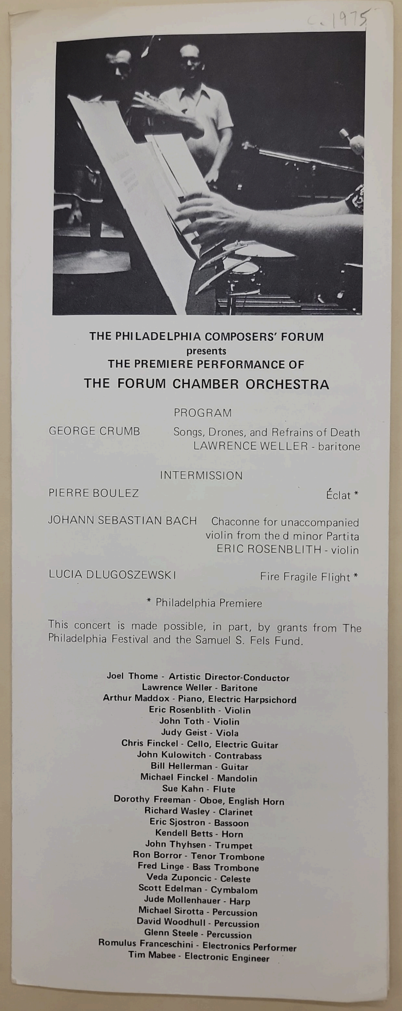 Concert program from the Philadelphia Composers’ Forum performance of Lucia Dlugoszewski’s “Fire Fragile Flight” at the Philadelphia Art Alliance, 1975. From the Erick Hawkins