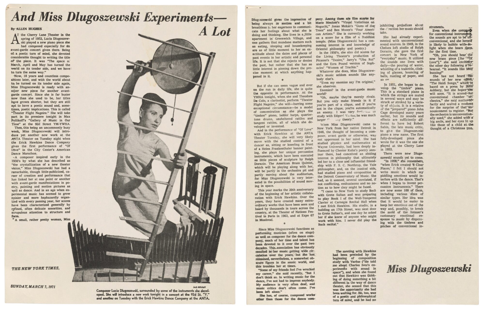 New York Times clipping: And Miss Dlugoszewski Experiments — A Lot, by Allen Hughes, March 7, 1971. The article reflects on Lucia Dlugoszewski’s work and early performances, including her 1953 premier