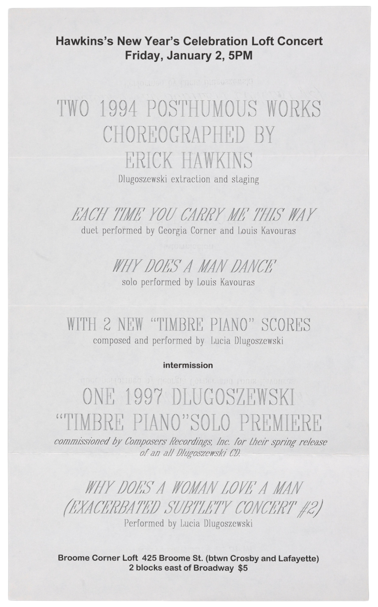 Broome Corner Loft Concert Poster Program 1998 Bowerbird Dlugoszewski