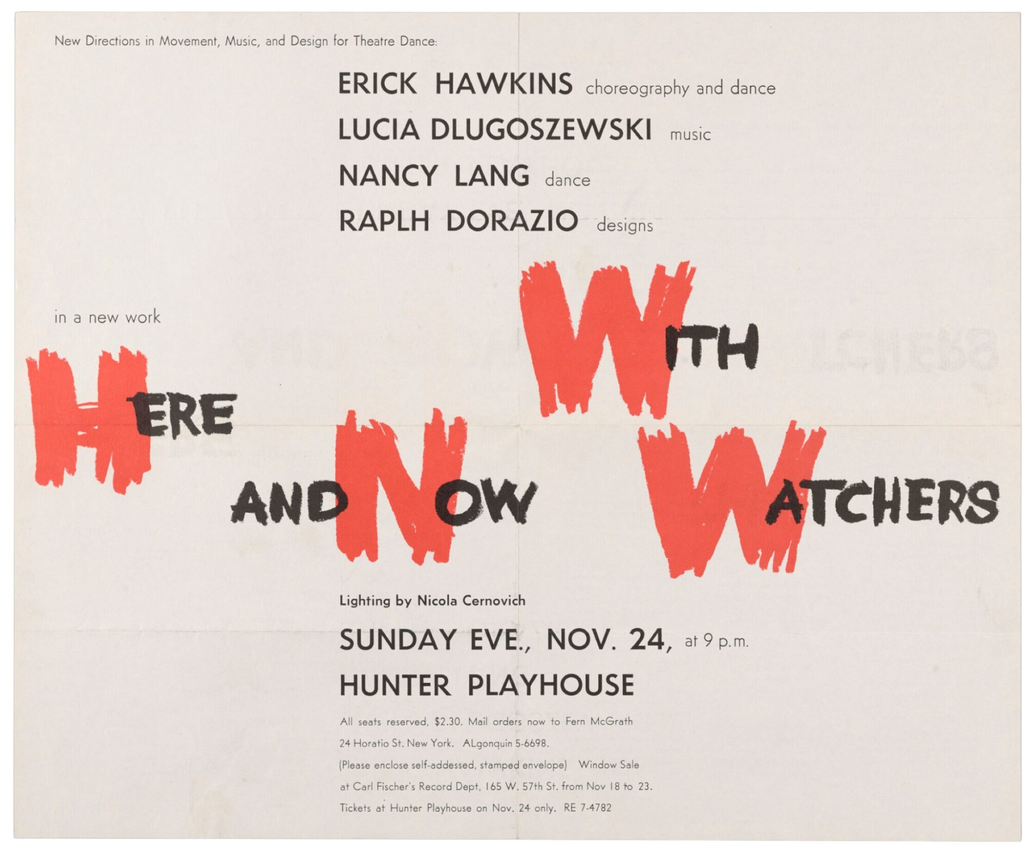 Poster for “Here and Now with Watchers,” 1957. Choreographed by Erick Hawkins with music by Lucia Dlugoszewski. Design by Ralph Dorazio. Performance at Hunter Playhouse, November 24, 1957. From the Er