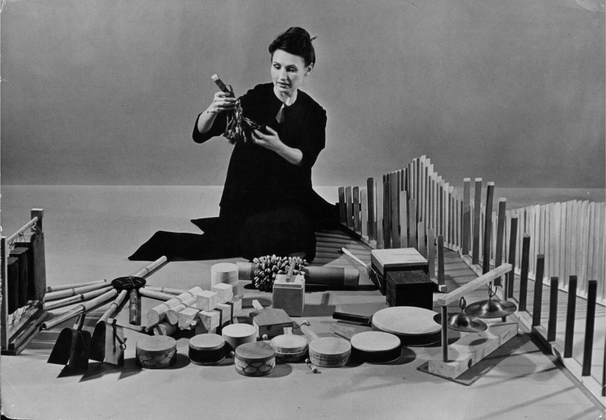 Lucia Dlugoszewski with her invented percussion instruments. Photograph by Daniel Kramer. From the Erick Hawkins and Lucia Dlugoszewski Papers, Music Division, Library of Congress, Washington, D.C. Us
