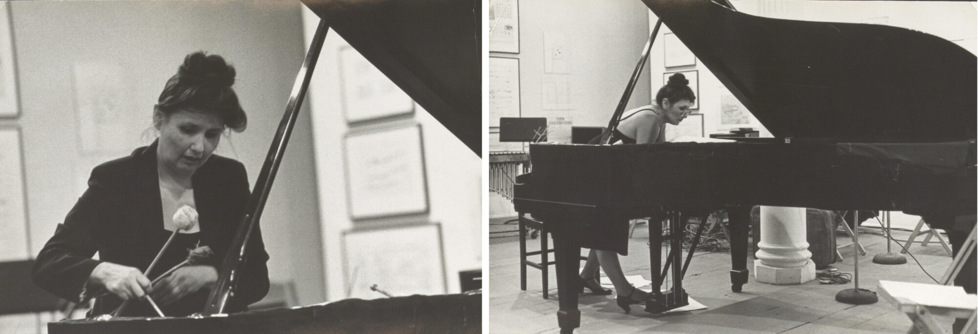 Lucia Dlugoszewski performing Pierce Sever at The Drawing Center during the Musical Manuscripts exhibition, 1980. Photograph by Regina Cherry. From the Erick Hawkins and Lucia Dlugoszewski Papers, Mus