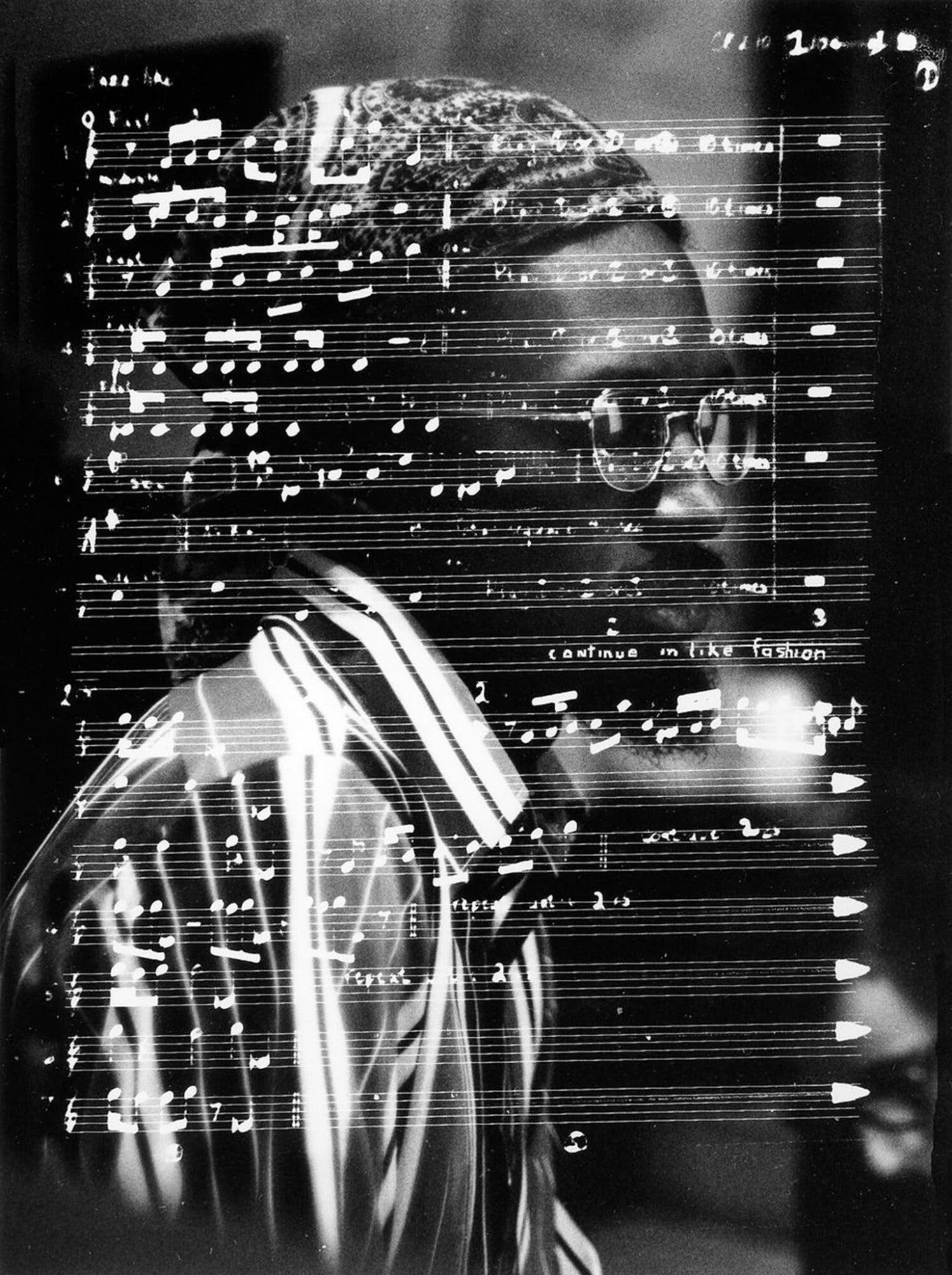 Julius Eastman in profile, with a page of the handwritten score of Trumpet superimposed