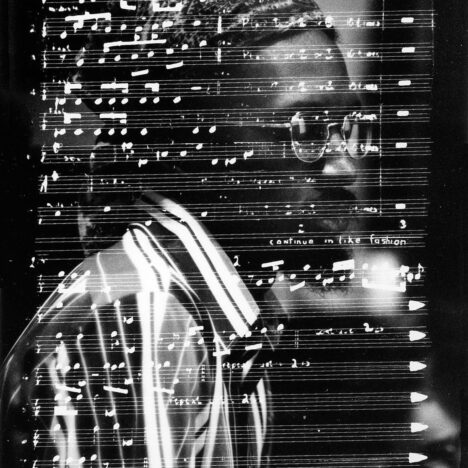Julius Eastman in profile, with a page of the handwritten score of Trumpet superimposed