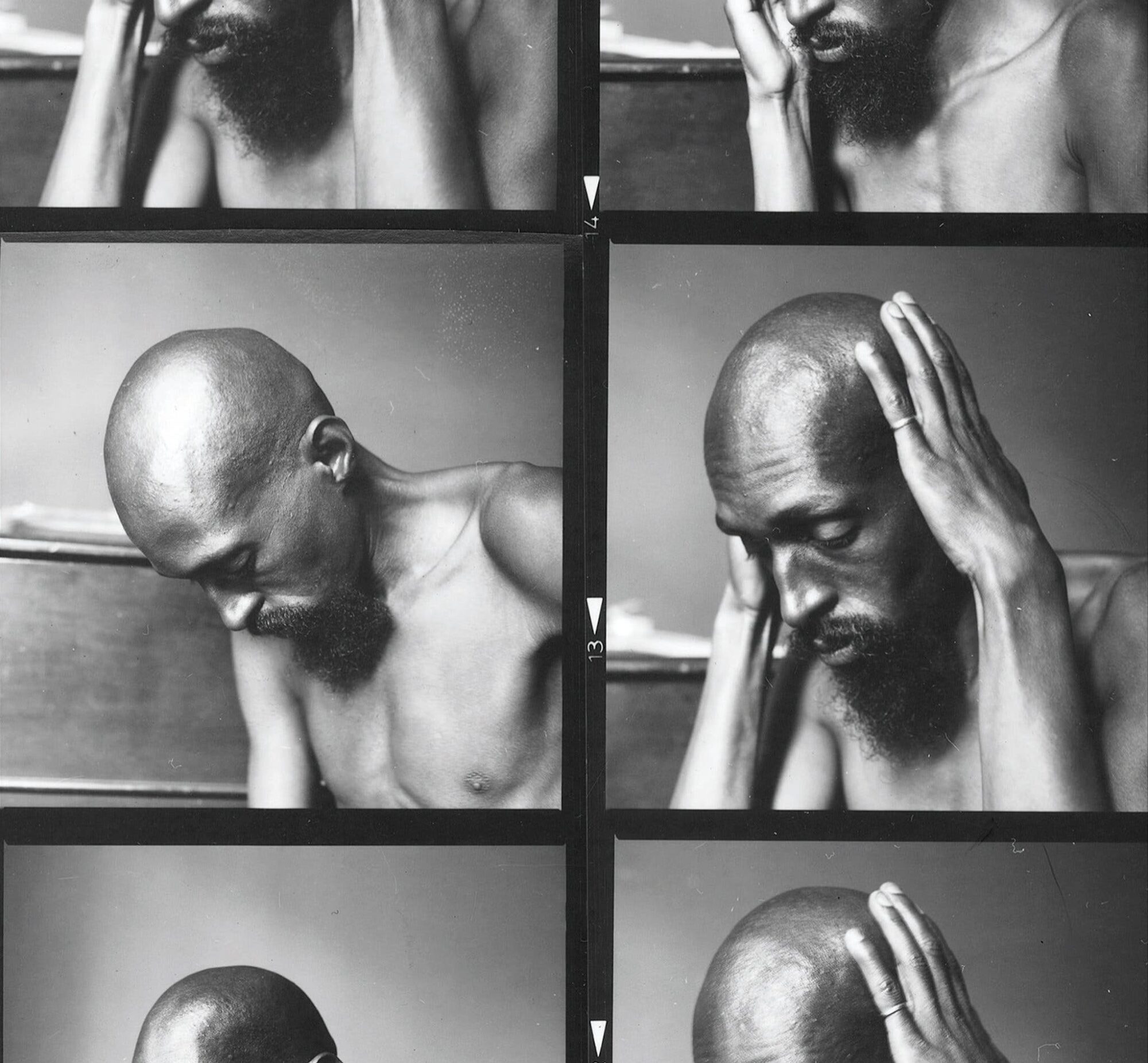 Contact sheet of black-and-white portraits of Julius Eastman
