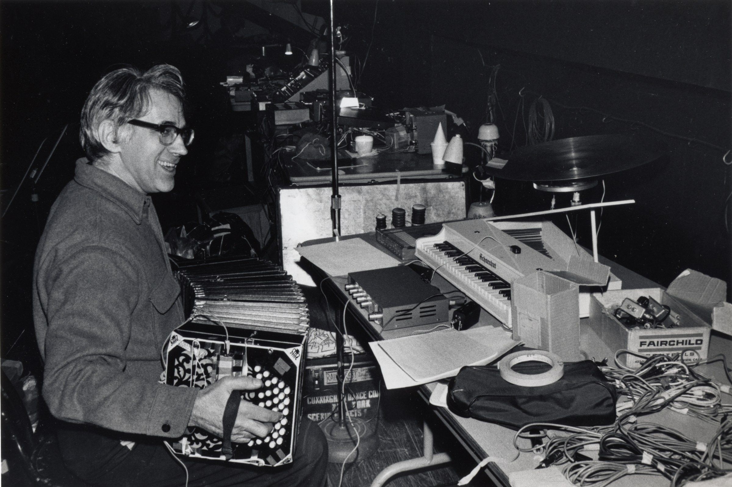 David Tudor performing on bandoneon at the Brooklyn Academy of Music, February 1972. Photo by James Klosty