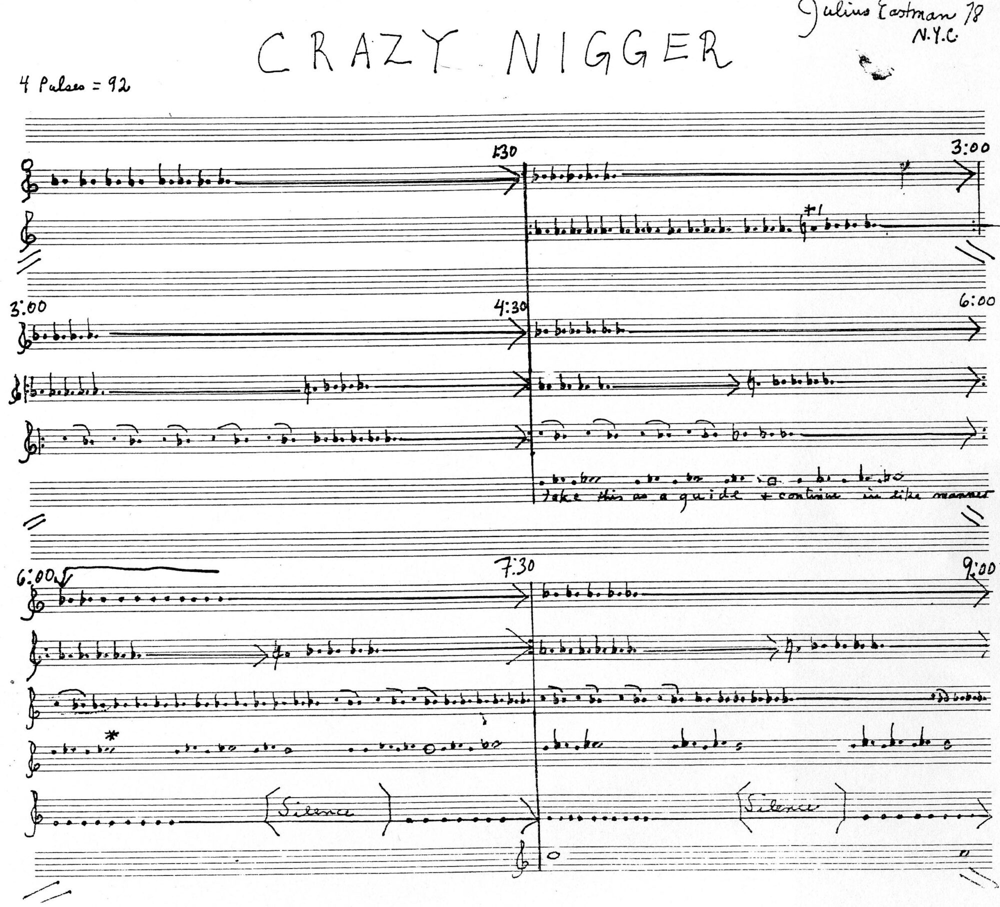 Julius Eastman’s four-piano score, page 1